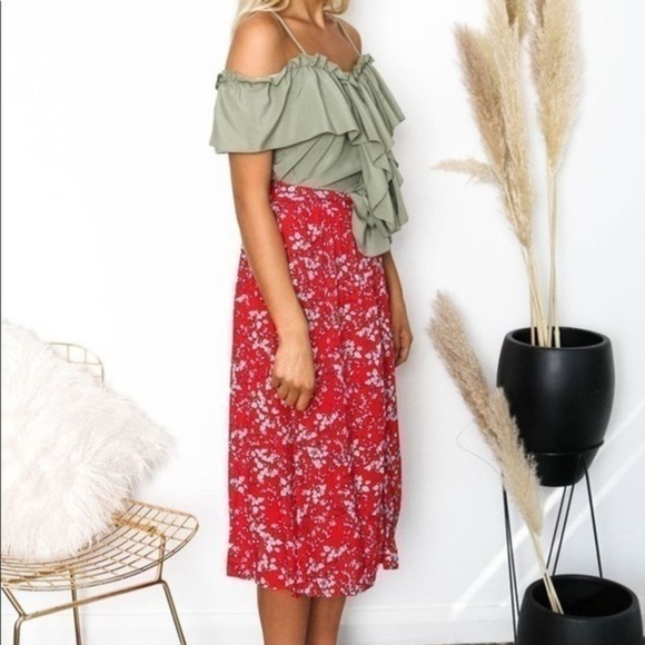 Red White Summer Floral Midi Maxi Skirt - Picture 2 of 3